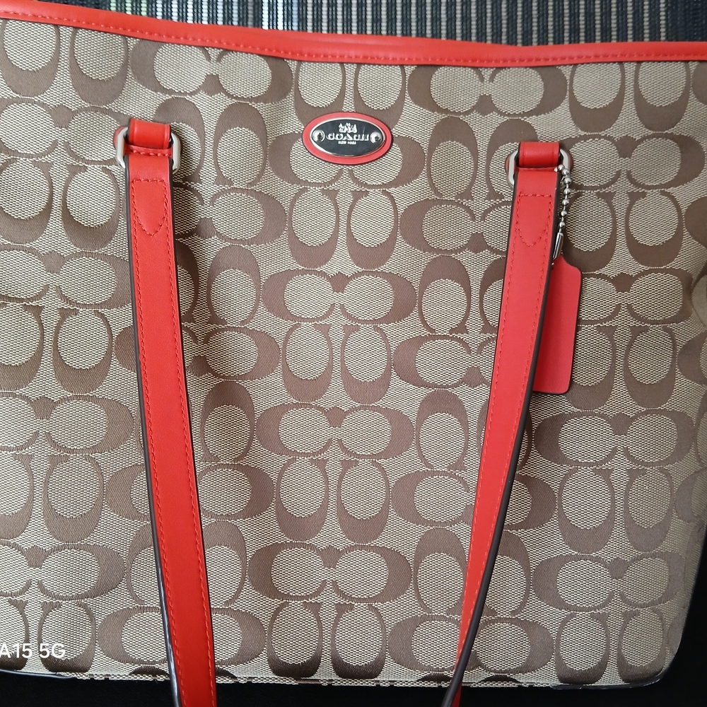 Coach Brown and Red Tote Bag with Signature Design